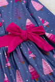 Pink Christmas Tree Printed Bubble Sleeve Dress w/ Ruffle