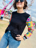 Black Top With Colorful Floral Designed Long-sleeves