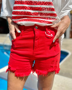 Red Risen Denim Shorts