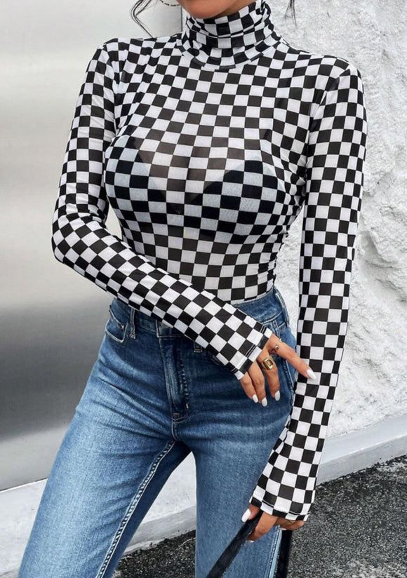 Black Checkered Sheer Body Suit