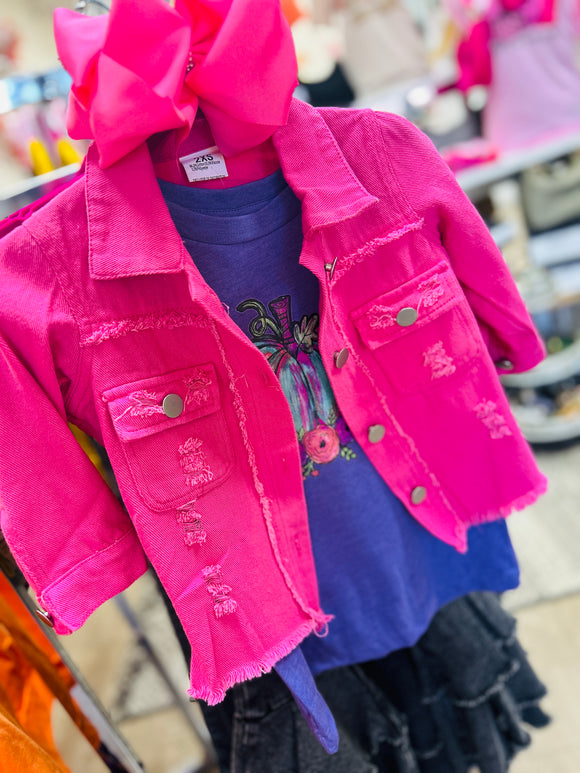 Hot Pink Distressed Denim Jacket