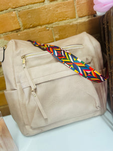 Pink Leather Colorful Strap Backpack