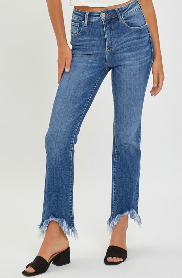 High Rise Fray Hem Ankle Bootcut Risen Jeans