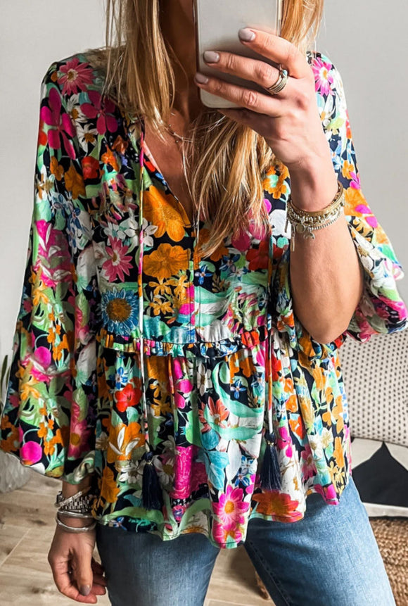 Multicolor Floral Bubble Sleeve Top