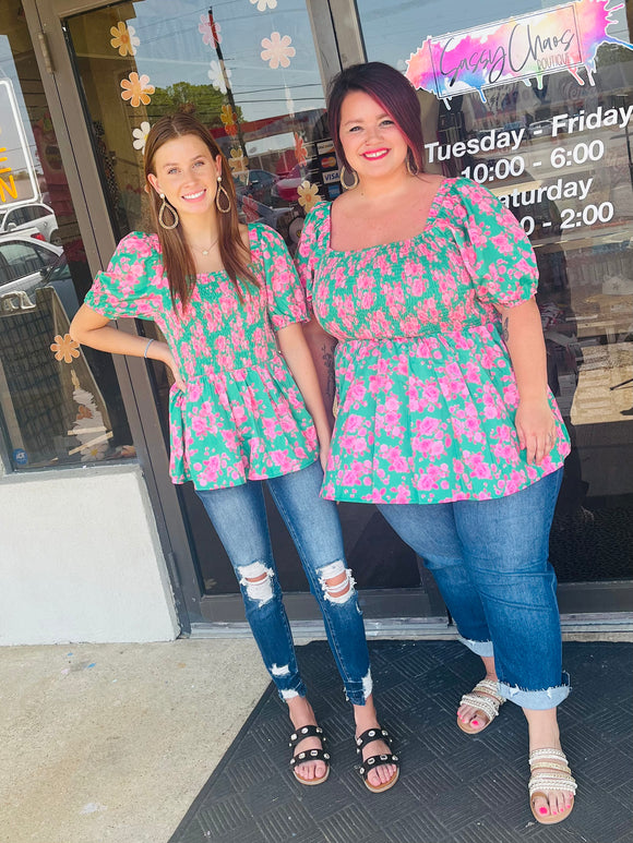 Kelly Green Floral Short Sleeve Peplum Top