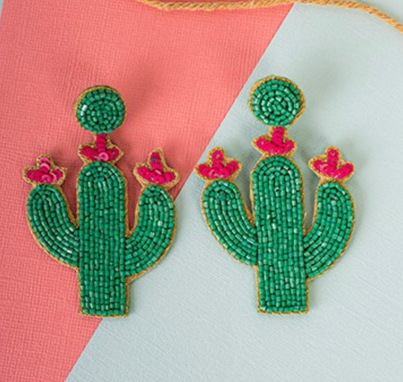 Green Cactus Beaded Earrings